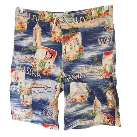 Vintage Polo Ralph Lauren Hawaii Welcome Aloha All Over Print Board Shorts S - Picture 1 of 9